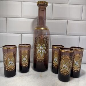 VTG Mid Century Murano Amethyst Glass/gold Decanter/5glass Hand Painted‎ OLA0001